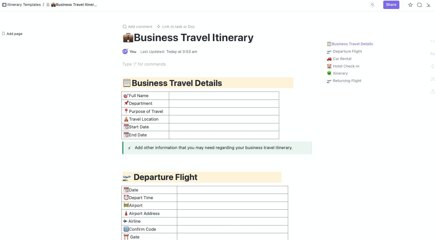 business trip itinerary template free