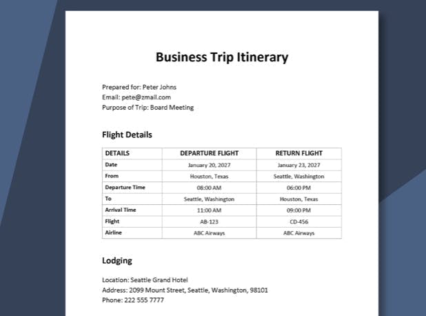 business trip itinerary template free