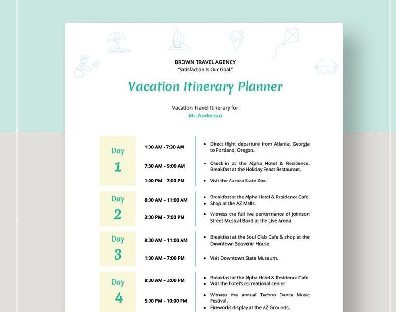 template travel itinerary